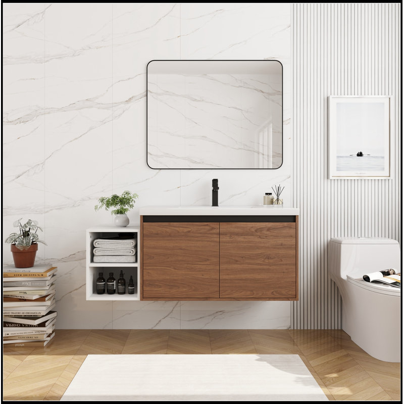Meuble-lavabo mural avec 2 portes et tablettes de rangement latérales, Brwon