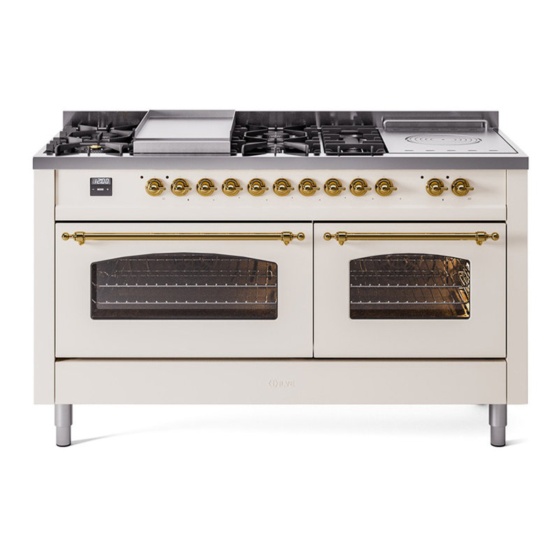 ILVE Nostalgie II Series 60 inch Dual Fuel Range with 5 Sealed Burners, Griddle, Frenchtop (Glass Door), Antique White/Brass