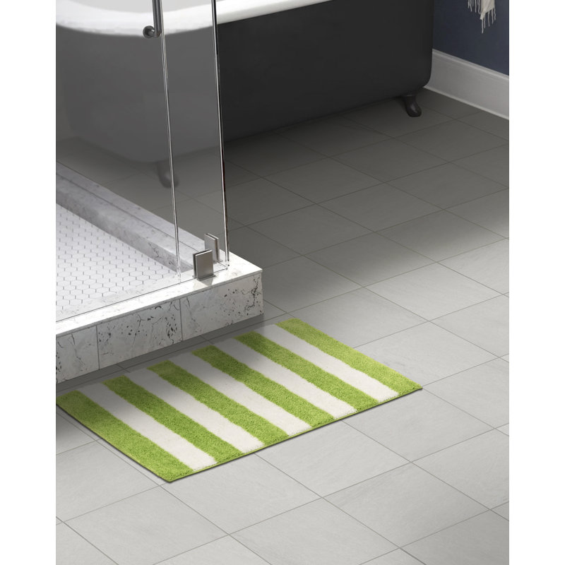 Tapis pour salle de bain en nylon et polyester à envers antidérapant Ronning Beach, Vert citron / blanc