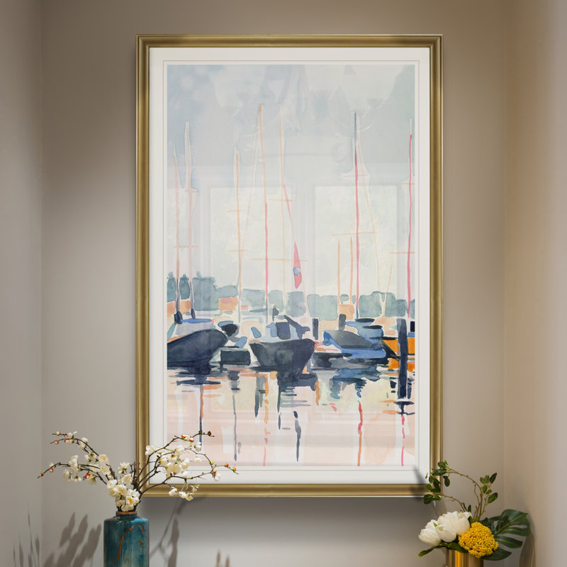 «Watercolor Boat Club II» par Emma Scarvey - reproduction d'art sur toile, H 22,5 po x l 30,5 po, Impression encadrée, Doré