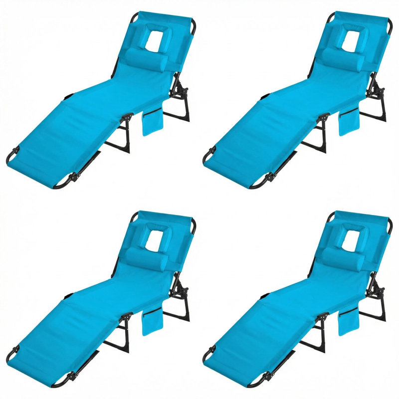Outdoor Lounge Chairs – 5-Position Adjustable Folding Chaise Lounge with Face Hole, Detachable Pillow & Side Pocket – Portable Tanning Chair for Pool, Beach, Patio, Camping