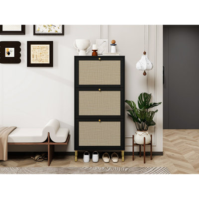 Freestanding 3 Door Shoe Rack, Entryway Storage Cabinet, 44Lb Load, Engineered , -, Gold Handle, Double Shelf, Metal Base With Slip Pads, Black Particle Board, Simple Assembly Procedure For Entryway,