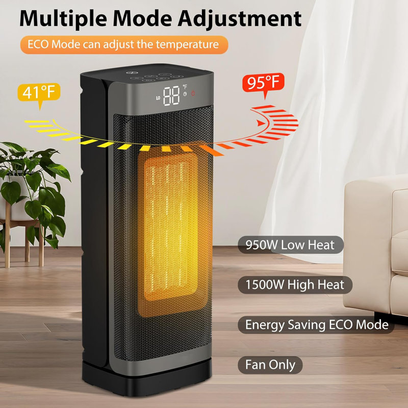PTC Space Heater with Thermostat, Oscillation, and Timer, 16 Inch Portable, Black