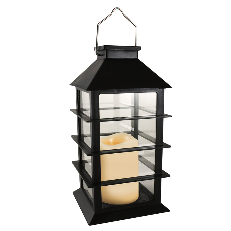 Black Solar Powered Lantern with LED Candle, 11 Inch