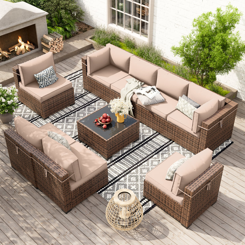 Dinyu Wicker 8 - Person Modular Patio Conversation Sets with Cushions, Khaki