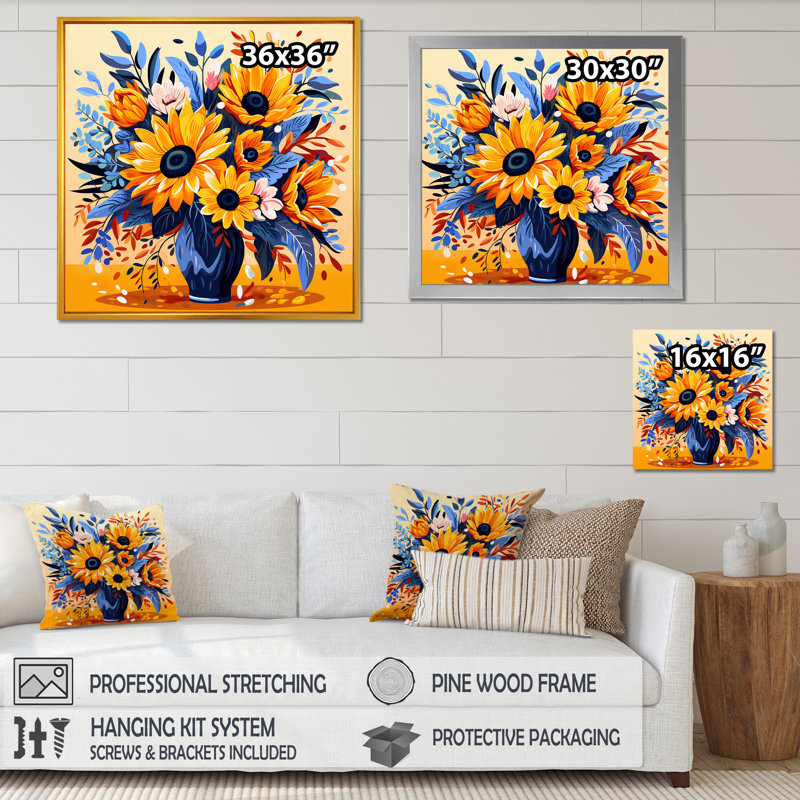 Boho jaune tournesol élégant I - tournesol, art mural, Cadre flottant blanc, 16" H x 16" W