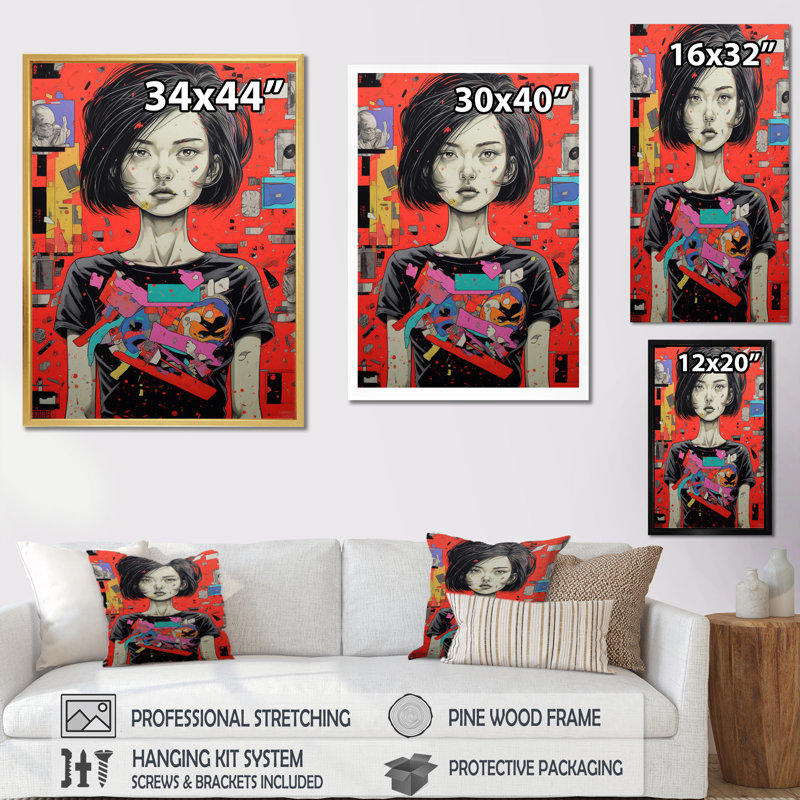 Portrait de femme manga sur collage, Cadre photo noir simple, H 20 po x l 12 po x P 1 po