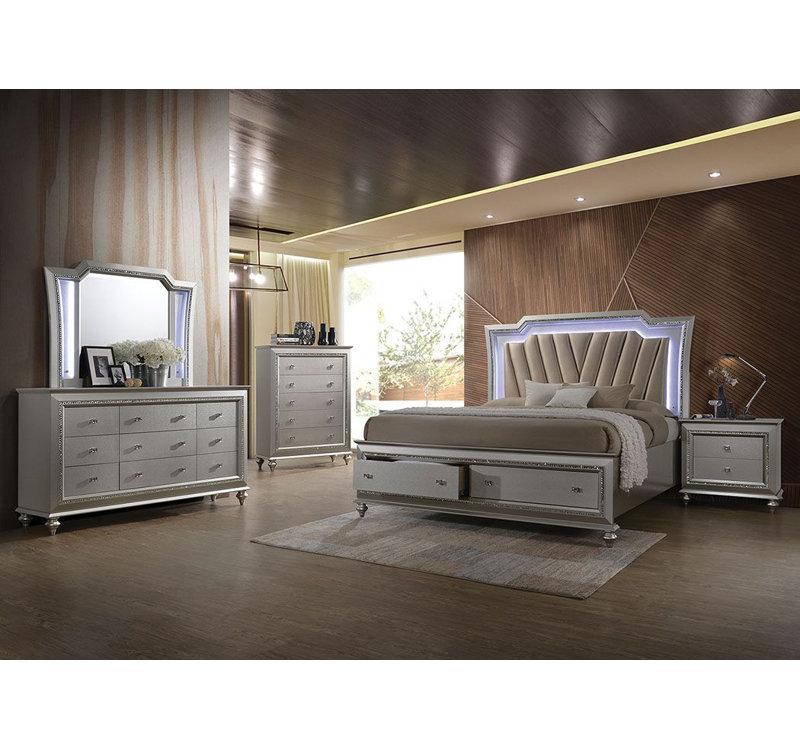 Lit avec rangement Mekael, cadre de lit, lit plateforme, lit tapissier, Argent, Grand