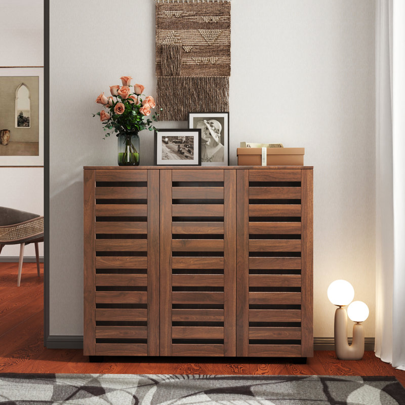 Étagère à chaussures fonctionnelle avec portes à persiennes et construction pour garde-robe moderne à 5 compartiments, Walnut
