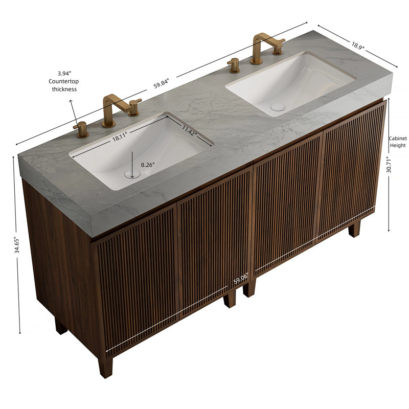 Meuble-lavabo sur pied de 152 cm avec lavabo, comptoir en pierre frittée veinée gris Carrara, aspect bois de noyer., 60" W