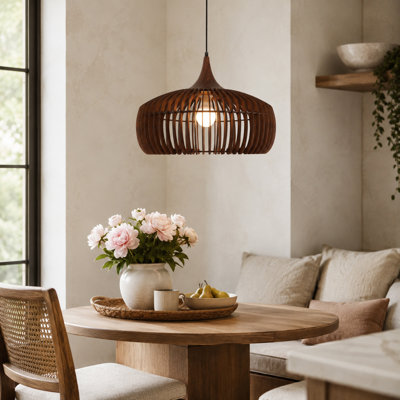 Mid-Century Modern Walnut Pendant Light with Open Slat Shade