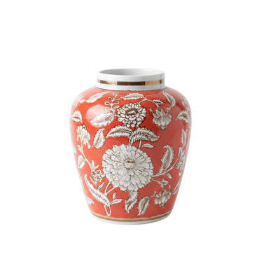 9.8" Coral-Red Ceramic Ginger Jar Vase, Hand-Painted Floral Chinoiserie Décor for Mantel, Console & Entryway