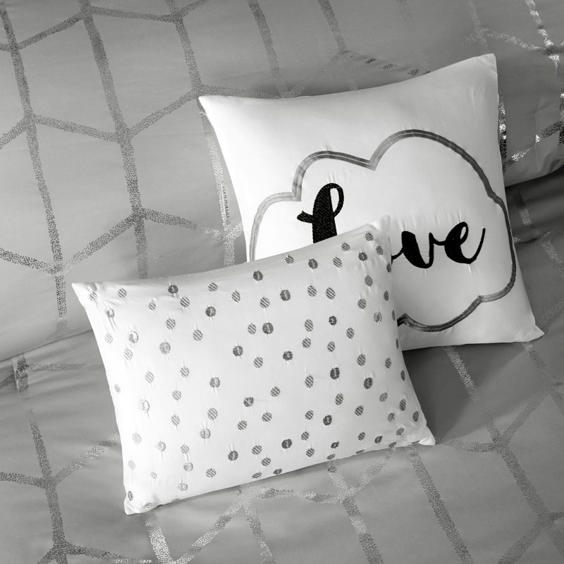 Raina Microfiber Comforter Set, Gray/Silver, Full/Queen Comforter + 2 Shams + 2 Throw Pillows