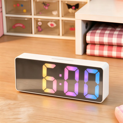 White Mirror RGB Color‑Changing LED Alarm Clock, Sound‑Activated, 3 Alarms with Snooze, Time Date & Temperature Display, USB Powered, 12/24H, for Bedroom, Batteries Not Included