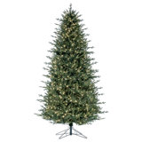 Vickerman 9.5' x 60" Slim Itasca Fraser Fir Artificial Pre-Lit Christmas Tree with 1050 Warm White LED Mini Lights, 3076 Realistic PE/PVC Tips, 6' Step On/Off Power Cord and Folding Metal Tree Stand. Assembly is required.