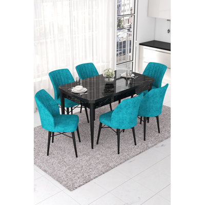 Ensemble de table et chaises de salle à manger extensible Modern (7 pièces), marbre noir et turquoise | 100% panneau de fibres à densité moyenne avec pieds en bois, structure en métal, table: 44,9 po x 30,7 po x 27,6 po, chaises: 17,7 po x 35,4 po x 16,5 po | Confortable dossier 22 en mousse et siège 28 en mousse