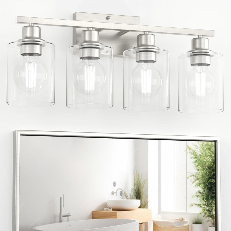 Luminaire de salle de bain moderne en nickel brossé avec abat-jour en verre transparent, applique murale à 4 lumières pour dessus de miroir, base E26, ampoules non incluses