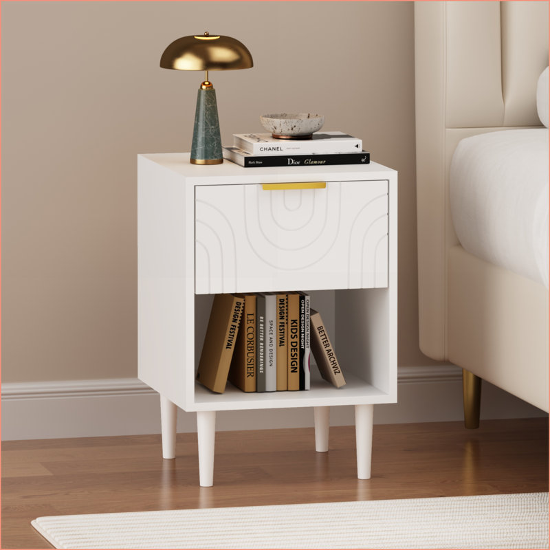 Modern White Nightstand with 1 Drawer, Open Shelf and Gold Handle