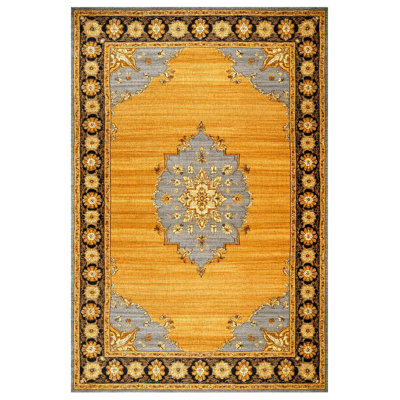Girvin Yellow Gray Oriental Machine Printed Cotton Polyester Area Rug