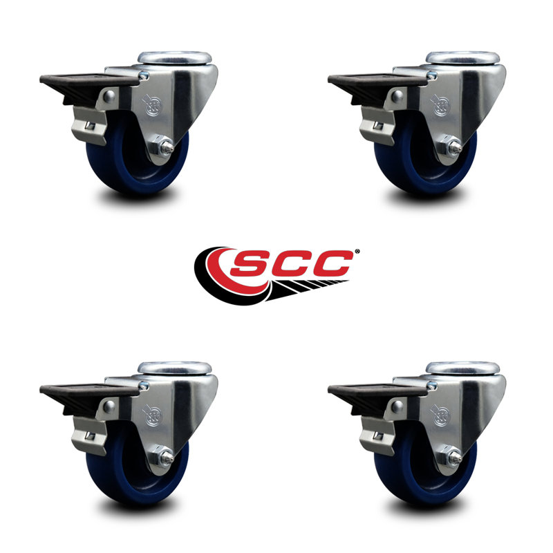 3 Inch Solid Poly Wheel Swivel Bolt Hole Caster Set with Posi Lock Brakes SCC