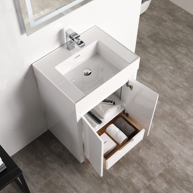 24" Freestanding Bathroom Vanity with Sink – Modern Wood Cabinet with Acrylic Top, LED Lights, Soft-Close Storage & Space-Saving Design