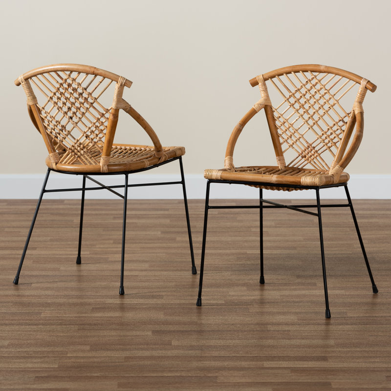 Natural Brown Rattan and Black Metal Dining Chair Set
