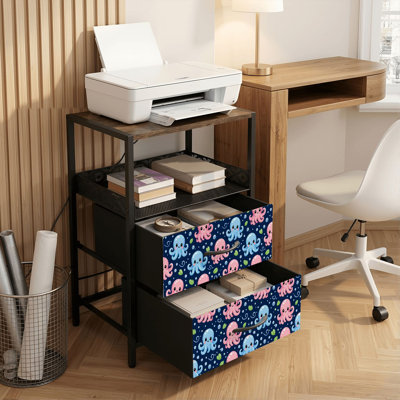Table de chevet 2 tiroirs avec station de charge, table de chevet pour chambre avec ports USB et amp; Outlets, tablette ouverte noire, table de chevet avec joli imprimé de feuilles de pieuvre rose et bleu