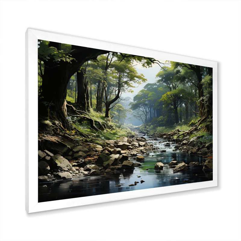 «Gentle River Through Country Charm Forest», art mural forêt fluviale, H 30 po x l 40 po x P 1,5 po, Cadre simple blanc
