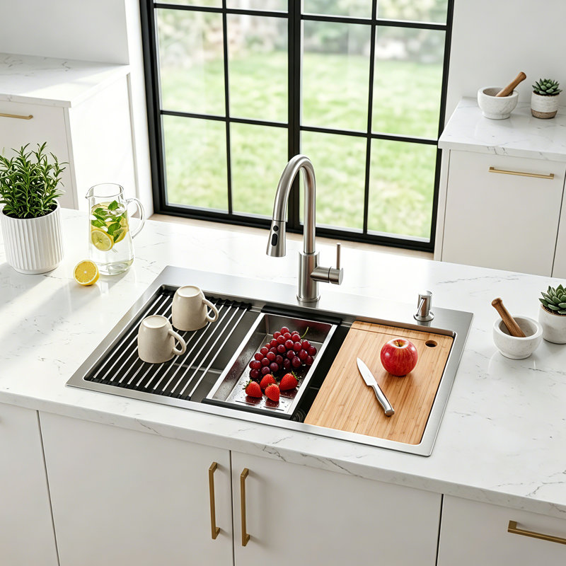 Évier de cuisine encastré / encastré à simple cuve en acier inoxydable, 30*22, Brushed Nickel