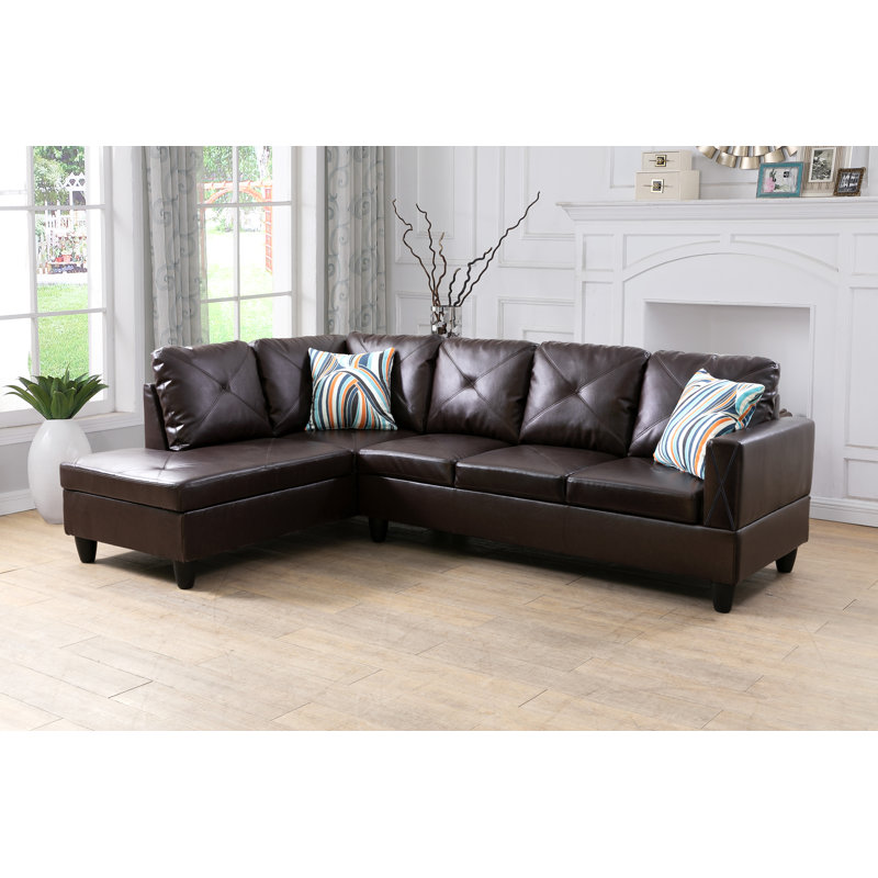 Glennia Faux Leather L-Shaped Sectional, Brown Faux Leather, Left Hand Facing