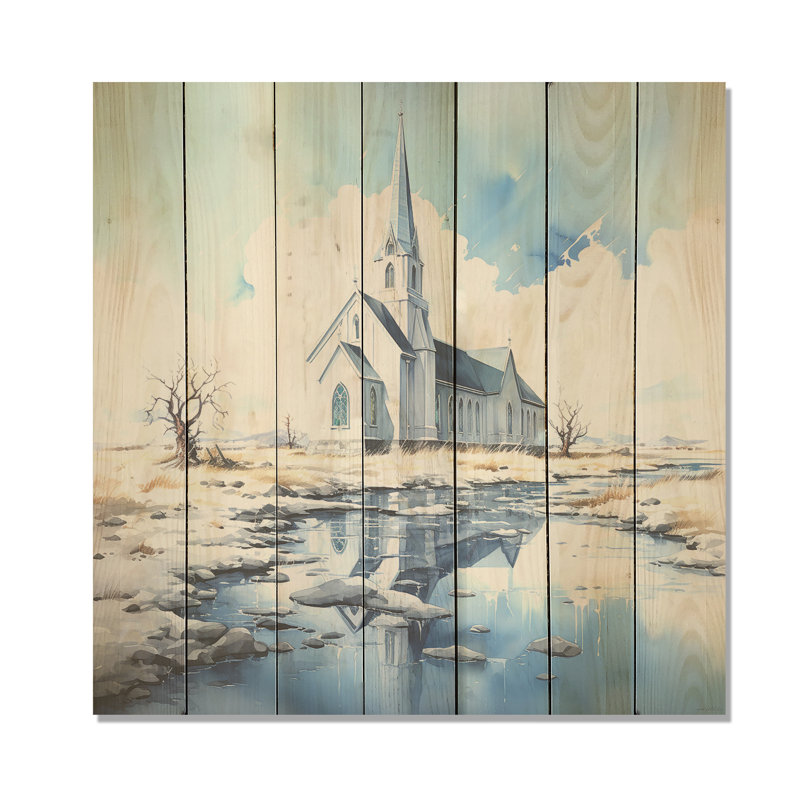 Mountain Church Sanctuary I - Church On Wood Print, H 15 po x l 15 po