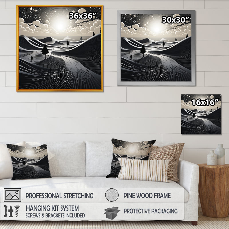 «White and Black Abstract Line Mountain Landscape I - Fruits», art mural, Cadre doré simple, H 16 po x l 16 po x P 1 po