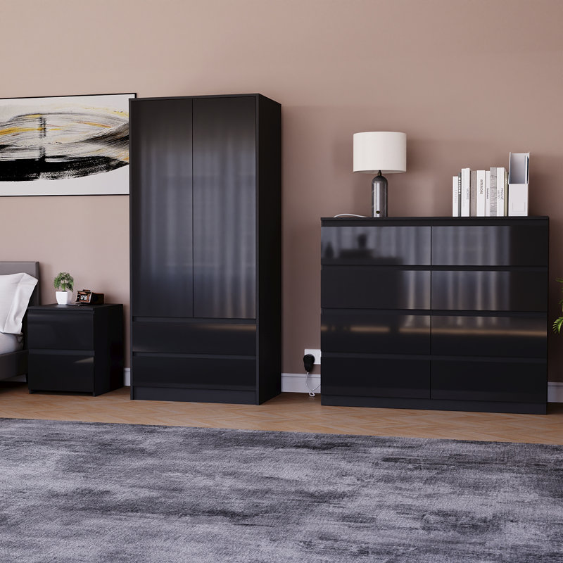Oslo 3 Piece Bedroom Set (2 Drawer Bedside Chest, 8 Drawer Chest, 2 Door 2 Drawer Wardrobe), (100% FSC), Black