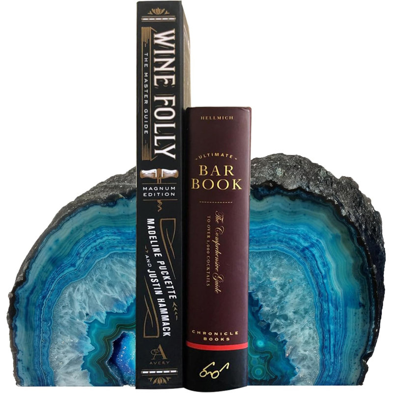 Serre-livres en géode sarcelle et agate, porte-livre en cristal naturel unique de 2 à 3 lb avec pare-chocs en caoutchouc, Sujetalibros pour petits livres et livres de cuisine, élégants et fonctionnels