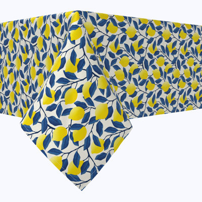 Square Tablecloth, 100% Cotton, 52X52", Lemon Tree With Blue Leaves