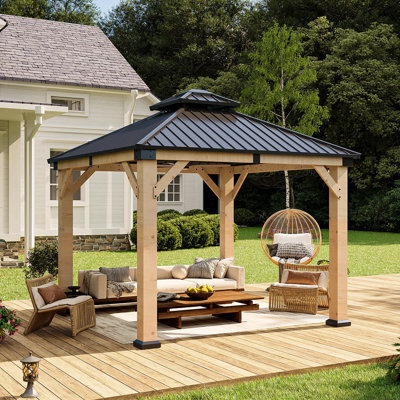 10x10ft Double-top Metal & Wood Gazebo - Quick-assembly Square Pavilion For Garden, Patio, Lawn - Light Gray