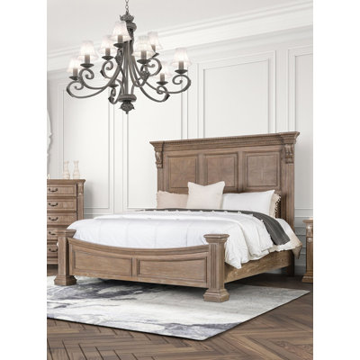 Formal Traditional Weathered Oak Queen Bed with Carved Details and Panel Headboard for Timeless Elegance