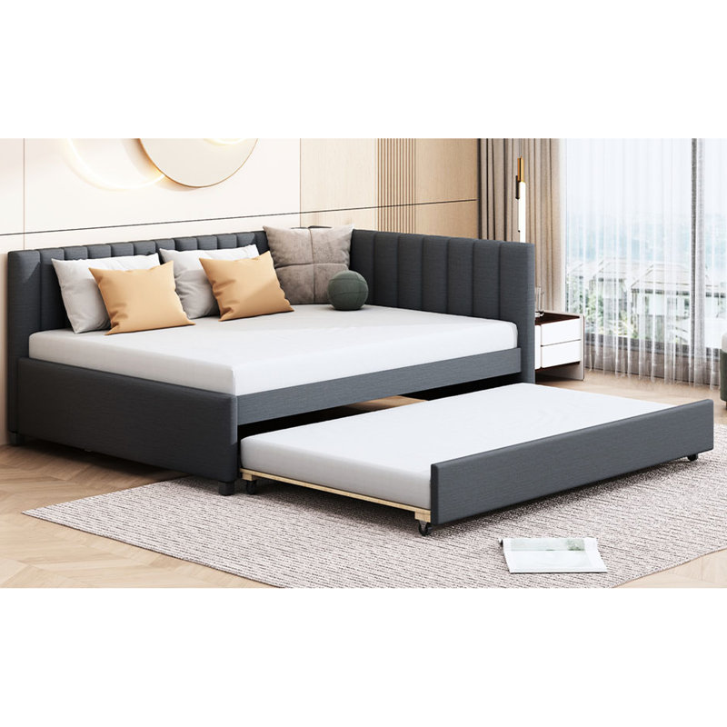 Linen Fabric Daybed With Movable Trundle, Gray, Robust Bed Frame, No Box Spring Needed Gray Requirement, Classic Design For Stable Structure And Space Saving