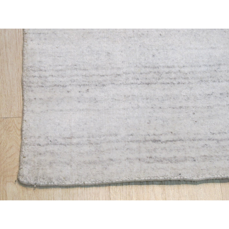 Tapis ivoire en laine noué à la main à motif géométrique moderne et subtil à rayures géométriques, 5 pi x 8 pi
