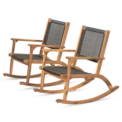 Ensemble de chaises berçantes de patio 2 pièces, chaises berçantes d'extérieur en bois d'acacia avec siège et dossier en osier et rotin, chaises de jardin confortables pour la cour, le balcon et la piscine