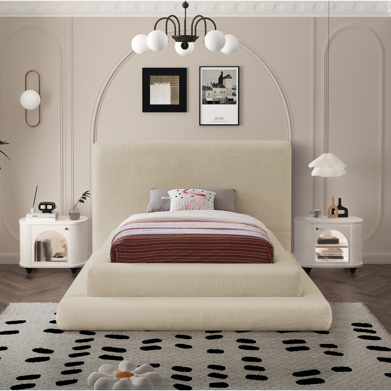 Hoffarth Upholstered Bed, Beige Faux Shearling Teddy Fabric, Twin