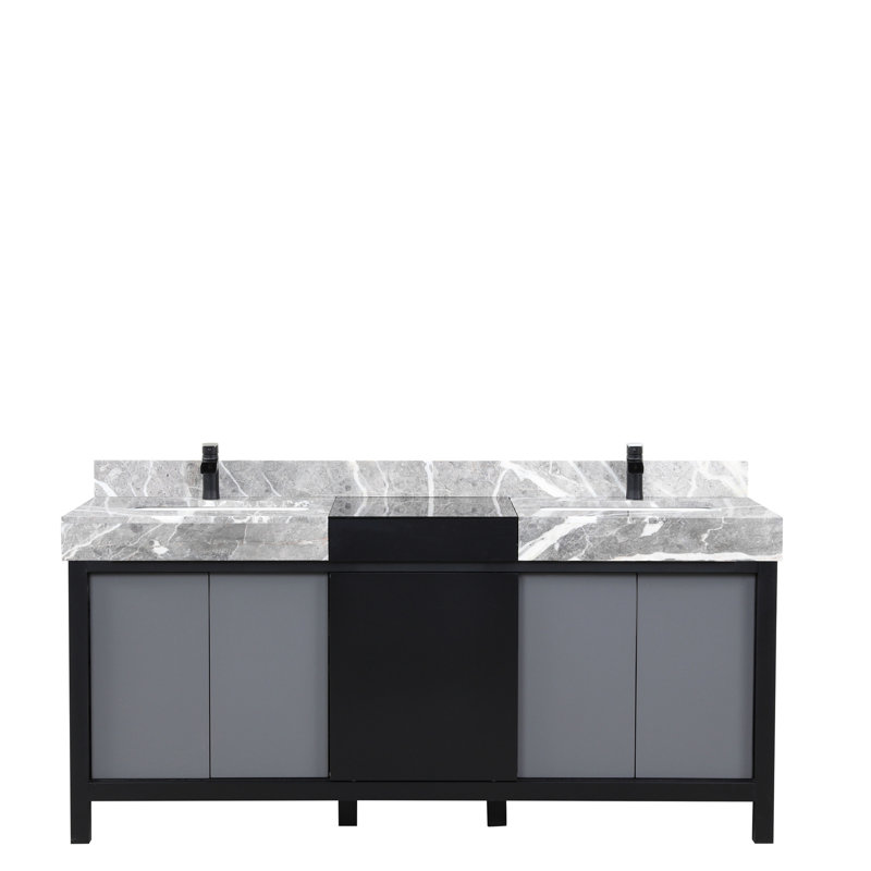 Meuble-lavabo double 72 po x 22 po - noir + gris, marbre gris, robinet mat, 72 po Et comptoir en marbre, teinture incluse