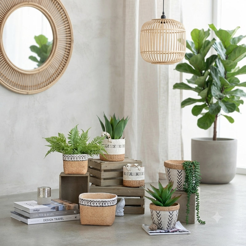 Jardinières géométriques à motif en V: ensemble de 2 pots à fleurs en ciment - Style bohème scandinave moderne et éclectique