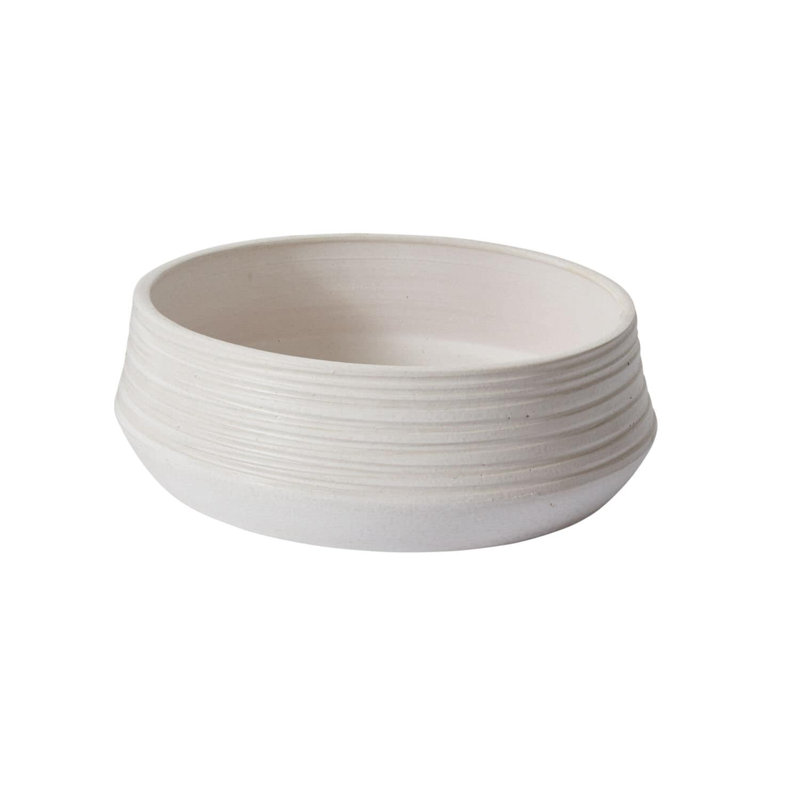 Round White Planter Bowl 13" White Ribbed Low Pot