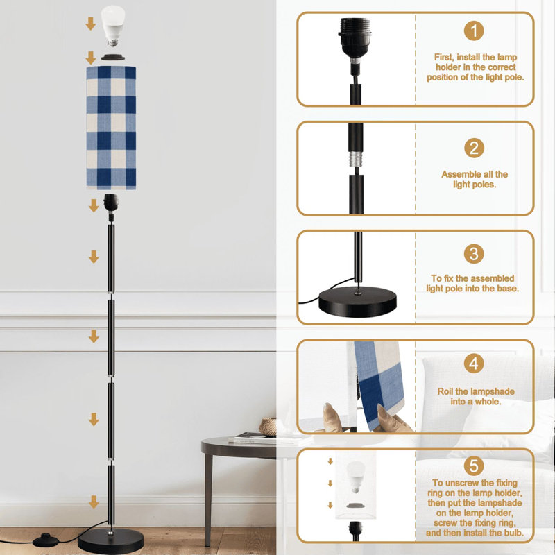 Lampe sur pied de style campagnard français à bordure transparente bleu rustique avec lumière vichy à intensité variable avec télécommande et interrupteur au pied avec abat-jour