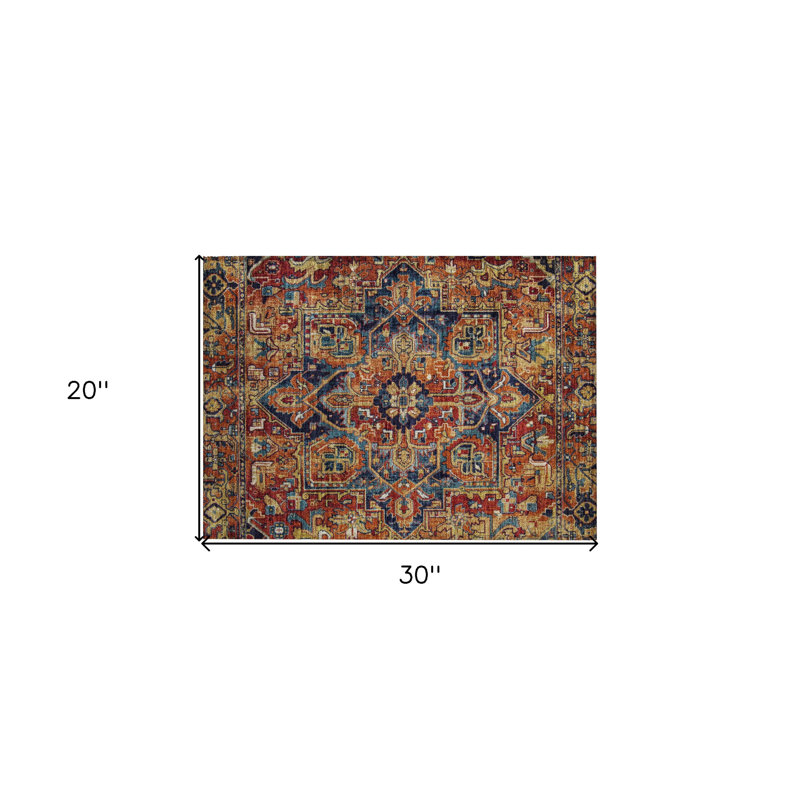 2' X 3' Red Orange and Blue Oriental Washable Non Skid Indoor Outdoor Area Rug