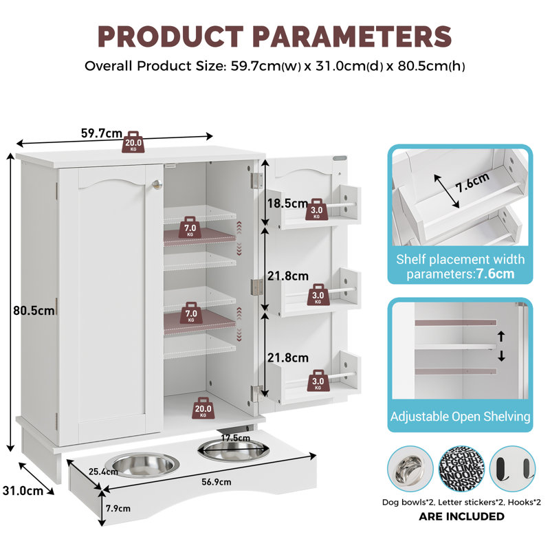 Feeding Station with Storage,80.5 H Pet Food Storage Cabinet with Adjustable Shelves