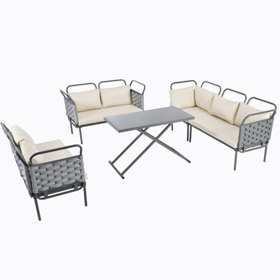 5-Piece Patio Sectional Sofa Set Outdoor Woven Rope Furniture Set with Glass Table and Cushions -  Latitude RunÂ®, 2652506087414401BC01E7759BB954FD