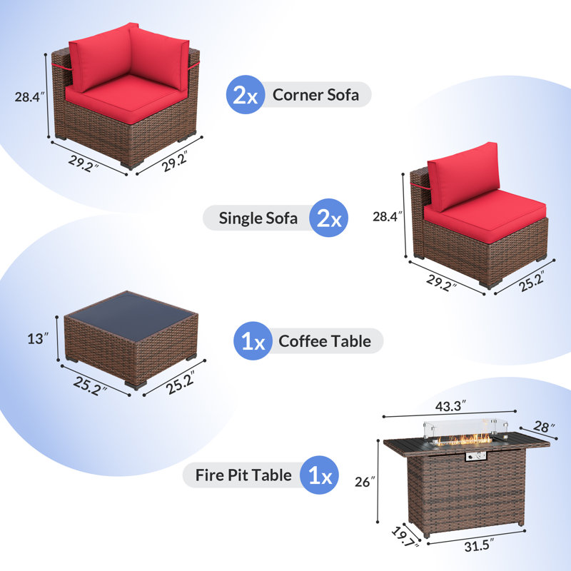 Babak Rattan Sectional Conversation Sets With Fire Pit Table, Coffee Table, 4, Red