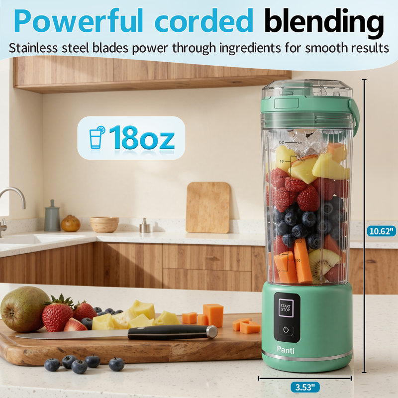 Panti  Portable Blender, 18oz. Smoothie Blender with Leakproof-Lid & Sip Spout, USB-C Rechargeable On-the-Go Blender , Dishwasher Safe Parts, Green